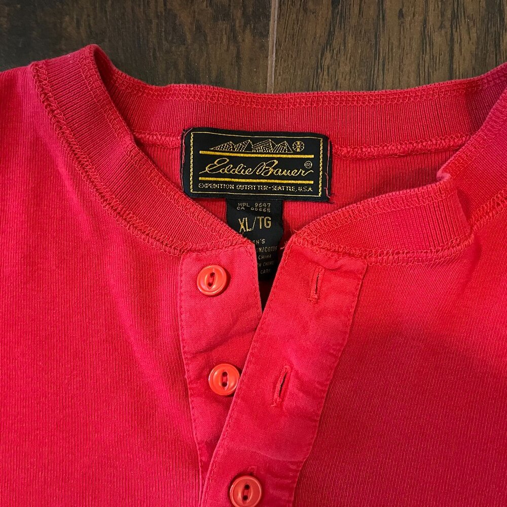 Vintage Eddie Bauer Red Henley Shirt - Heavyweight Cotton Size XL